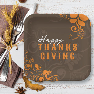 Thanksgiving Autumn Fall Deco Orange Leaves Swirls Paper Plates