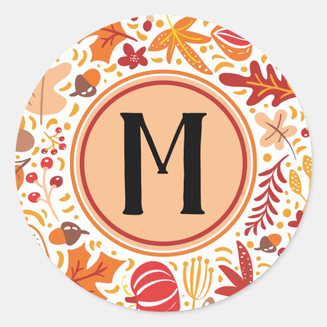Thanksgiving Autumn Fall Foliage Monogram Classic Round Sticker (Front)