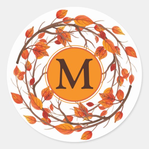 Thanksgiving Autumn Fall Foliage Wreath Monogram Classic Round Sticker