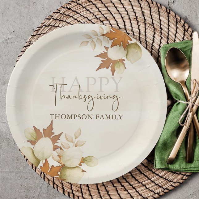 Thanksgiving Autumn Fall Greenery Elegant Foliage Paper Plates (Autumn fall foliage and greenery Happy Thanksgiving custom paper plate. )