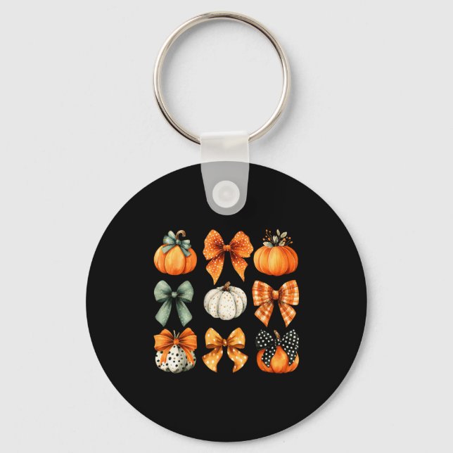 Thanksgiving Autumn Fall Leaves Coquette Bow Pumpk Keychain (Front)