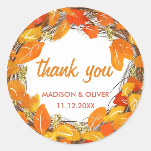 Thanksgiving Autumn Fall Leaves Wreath Thank You Classic Round Sticker