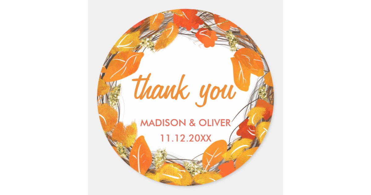 Thanksgiving Autumn Fall Leaves Wreath Thank You Classic Round Sticker ...