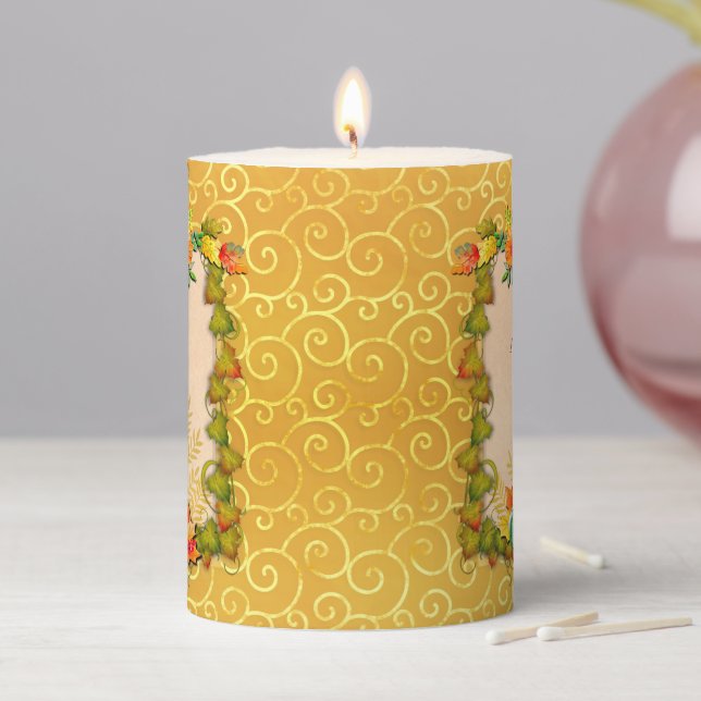 Thanksgiving Autumn Fall Maple Leaf and Sunflower Pillar Candle (In Situ)