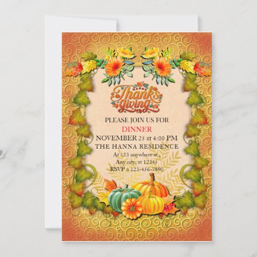 Thanksgiving Autumn Fall Maple Leaves and pumpkins Invitation