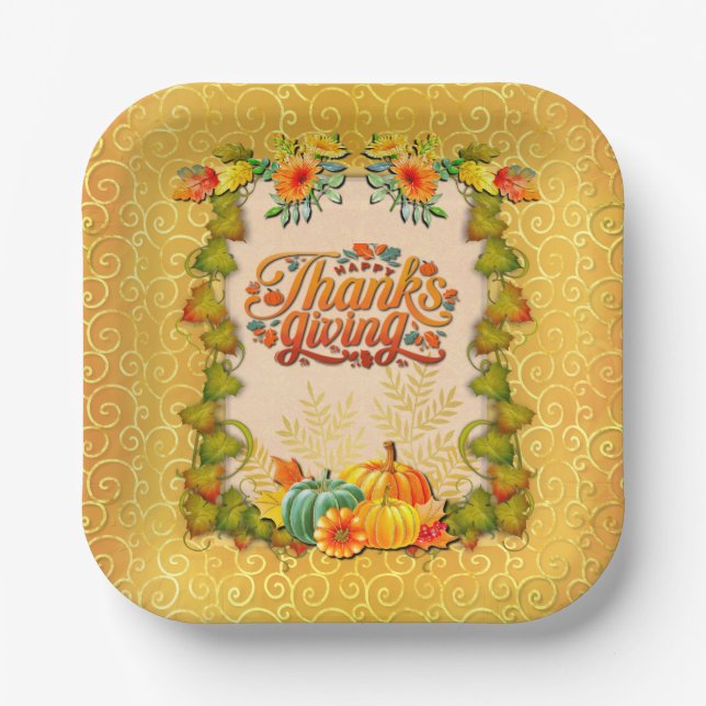 Thanksgiving Autumn Fall Maple Leaves and pumpkins Paper Plates (Front)