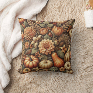 Thanksgiving Autumn Fall Vintage Floral Pumpkin Throw Pillow