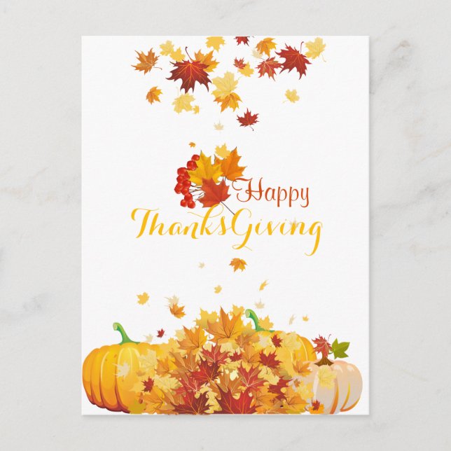 Thanksgiving Autumn Falling Leaves and Pumpkins Holiday Postcard (Front)