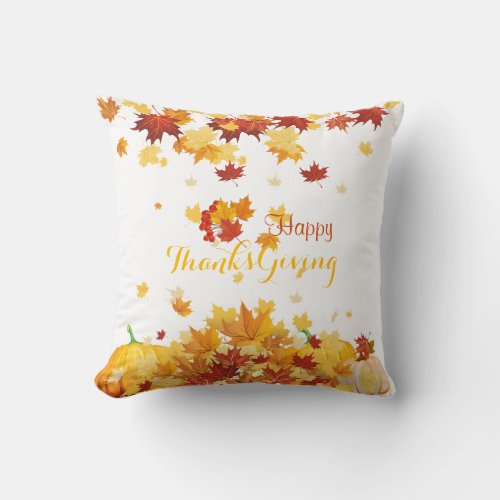 Thanksgiving Autumn Falling Leaves and Pumpkins Throw Pillow