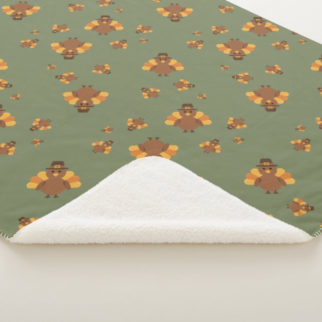 Thanksgiving Autumn  Green Turkey Sherpa Blanket (3/4)