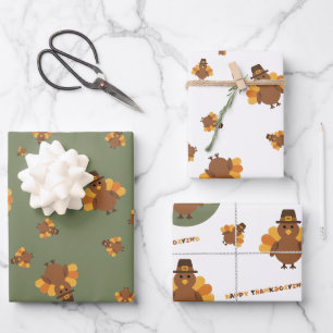 Thanksgiving Autumn Green Turkey Wrapping Paper Sheets
