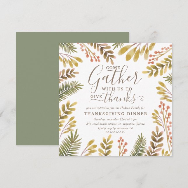 Thanksgiving Autumn Greenery Watercolor Wreath Invitation (Front/Back)