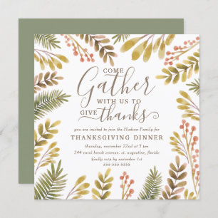 Thanksgiving Autumn Greenery Watercolor Wreath Invitation