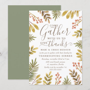 Thanksgiving Autumn Greenery Watercolor Wreath Invitation