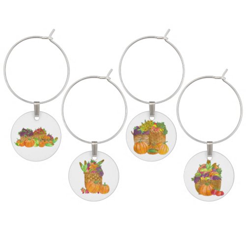 Thanksgiving Autumn Harvest in watercolor Wine Charm