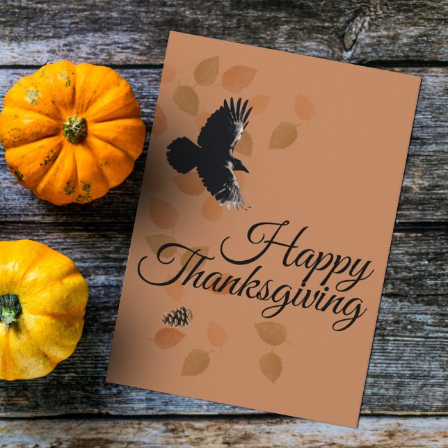 Thanksgiving Autumn Leaves Crow In Flight Family Holiday Card (Personalized Thanksgiving card featuring autumn leaves and a crow in flight, calm, rustic, heartfelt)