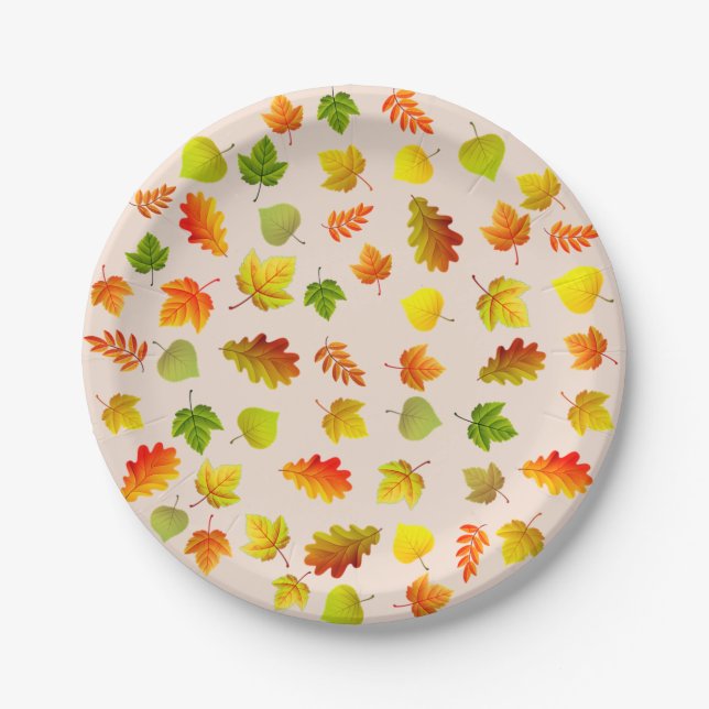 Thanksgiving Autumn Leaves on Beige Paper Plates (Front)
