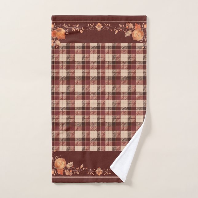 Thanksgiving Autumn Leaves on Brown Plaid Hand Towel (Hand Towel)