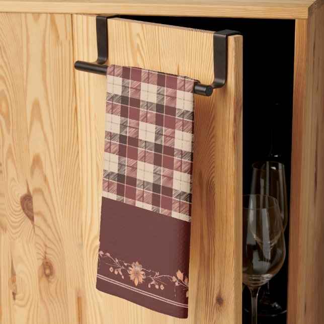 Thanksgiving Autumn Leaves on Brown Plaid Kitchen Towel (Thirds Fold)