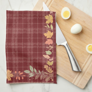Thanksgiving Autumn Leaves on Plaid Kitchen Towel