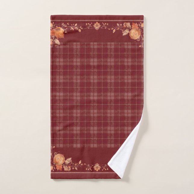 Thanksgiving Autumn Leaves on Red Plaid Hand Towel (Hand Towel)