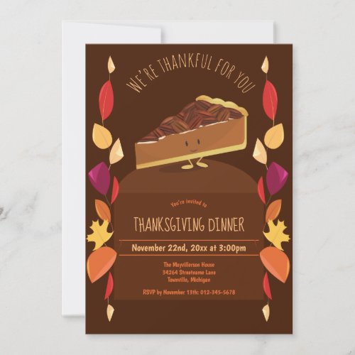 Thanksgiving Autumn Leaves Pecan Pie Brown Orange Invitation