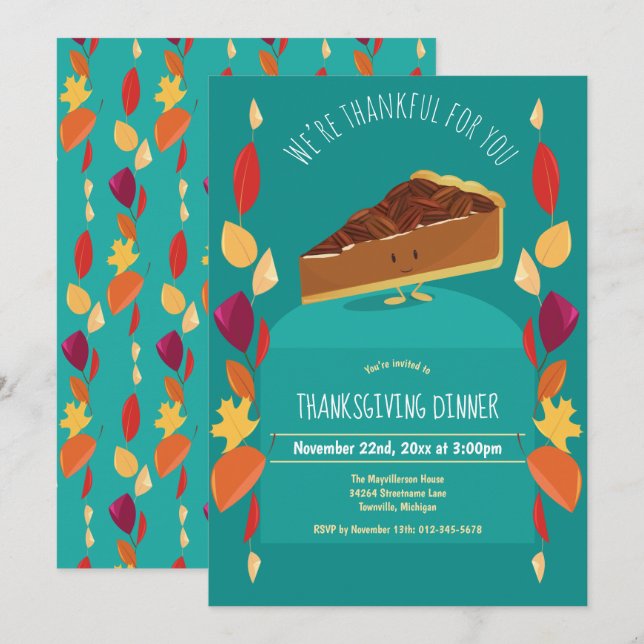Thanksgiving Autumn Leaves Pecan Pie Teal White Invitation (Front/Back)