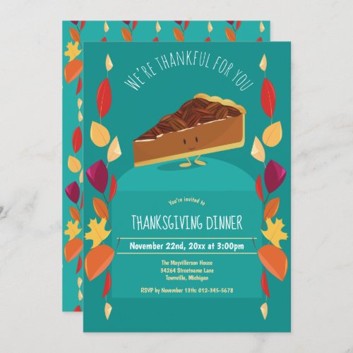 Thanksgiving Autumn Leaves Pecan Pie Teal White Invitation