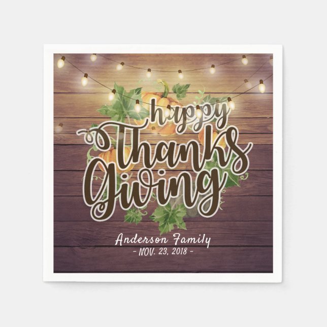 Thanksgiving Autumn Leaves Pumpkins String Lights Paper Napkins (Front)