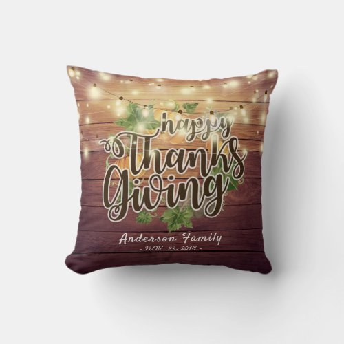 Thanksgiving Autumn Leaves Pumpkins String Lights Throw Pillow