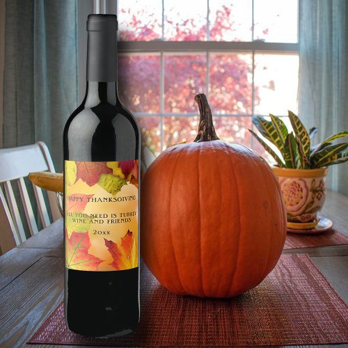 Thanksgiving Autumn Leaves Red Orange Yellow Wine Label