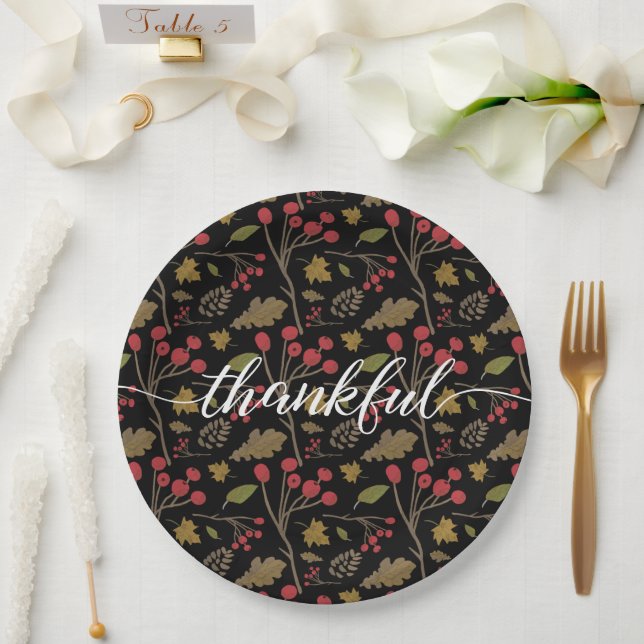 Thanksgiving Autumn Leaves Thankful Script Paper Plates (Wedding)