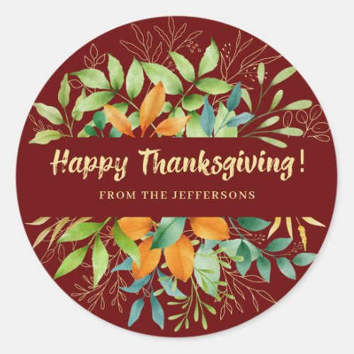 Thanksgiving Autumn Leaves Watercolor Greenery Classic Round Sticker