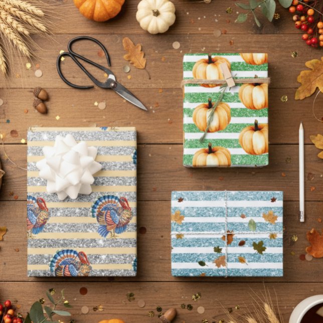 Thanksgiving Autumn Pumpkin Glitter Stripes  Wrapping Paper Sheets (Creator Uploaded)