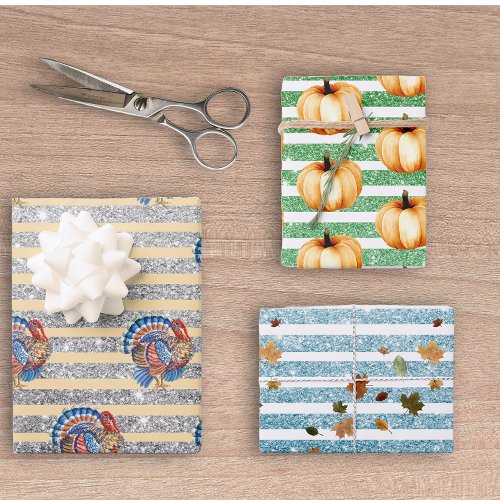 Thanksgiving Autumn Pumpkin Glitter Stripes  Wrapping Paper Sheets