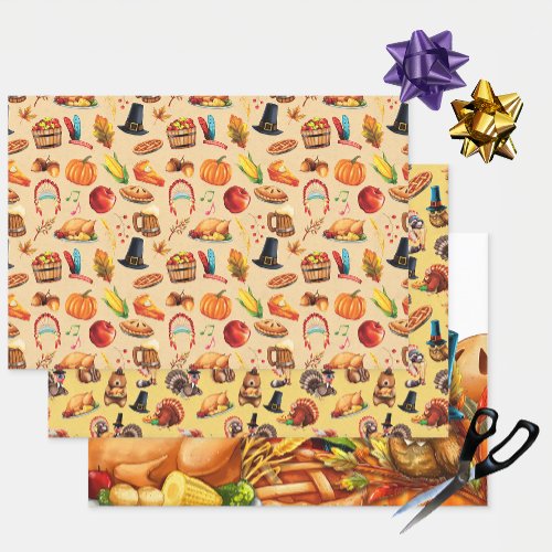 Thanksgiving Autumn Pumpkin Pie Animals Wrapping Paper Sheets