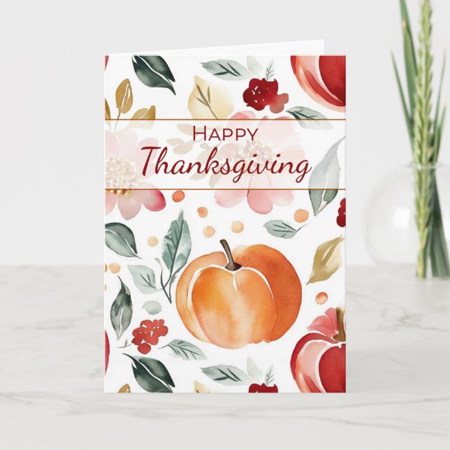 Thanksgiving Autumn Pumpkin Watercolor with Flower Card (Front)