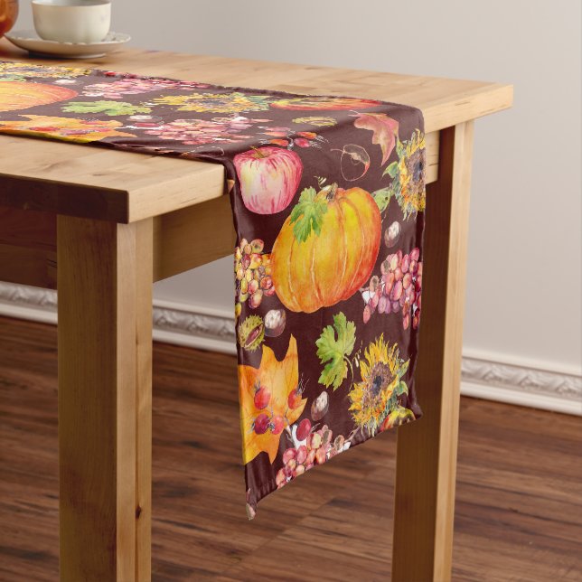 Thanksgiving Autumn Pumpkins Sunflower on Burgundy Long Table Runner (In Situ)