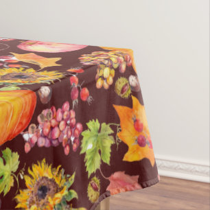Thanksgiving Autumn Pumpkins Sunflower on Burgundy Tablecloth