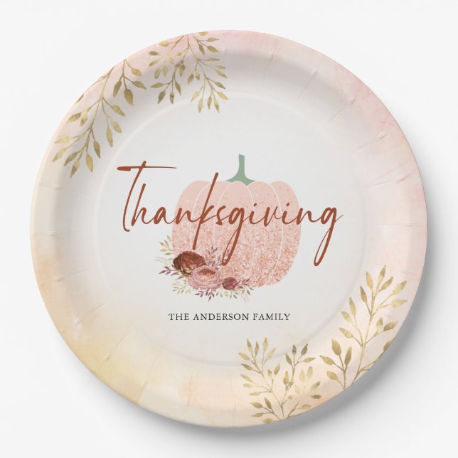 Thanksgiving Autumn Rose Gold Glitter Pumpkin Paper Plates (Front)
