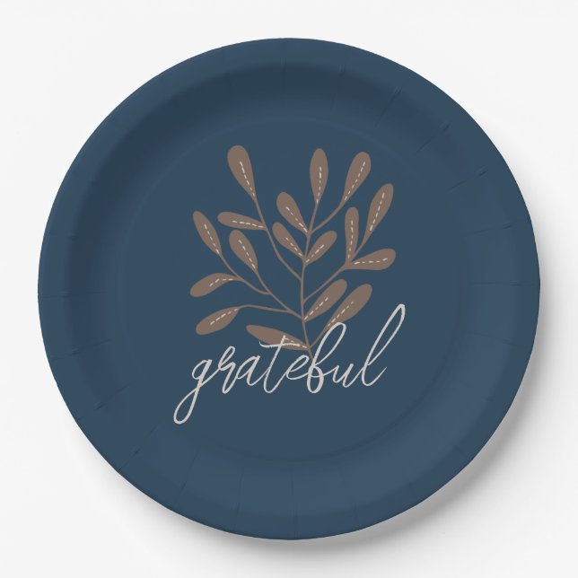 Thanksgiving Autumn Rustic Blue Grateful Paper Plates (Front)