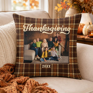 Thanksgiving Autumn Rustic Plaid Photo Throw Pillow