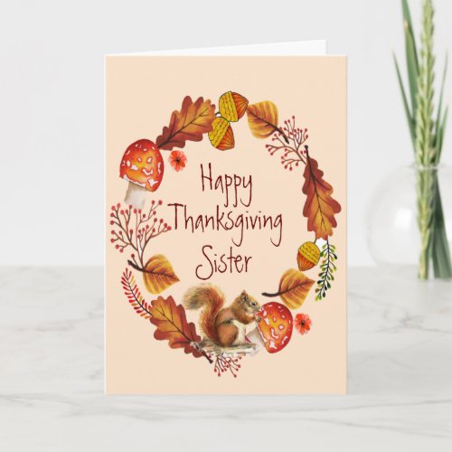 Thanksgiving Autumn Squirrel Wreath Sister Holiday Card