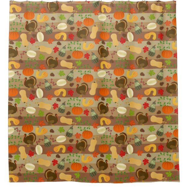 Thanksgiving Autumn Turkey Squash Harvest Pattern Shower Curtain (Front)