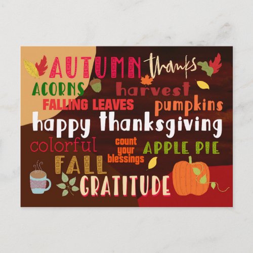 Thanksgiving Autumn Wordart Colorful Typography Postcard