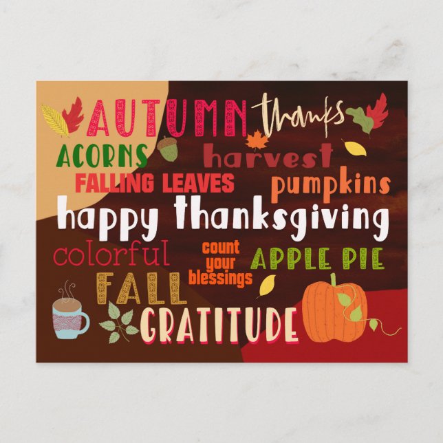 Thanksgiving Autumn Wordart Colorful Typography Postcard (Front)