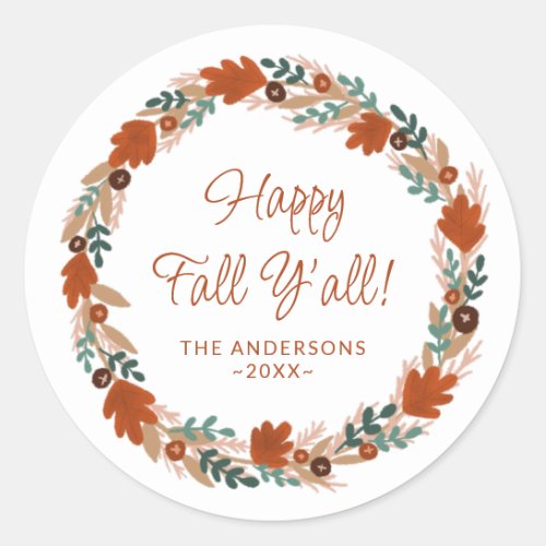 Thanksgiving Autumn Wreath Happy Fall Yall Classic Round Sticker