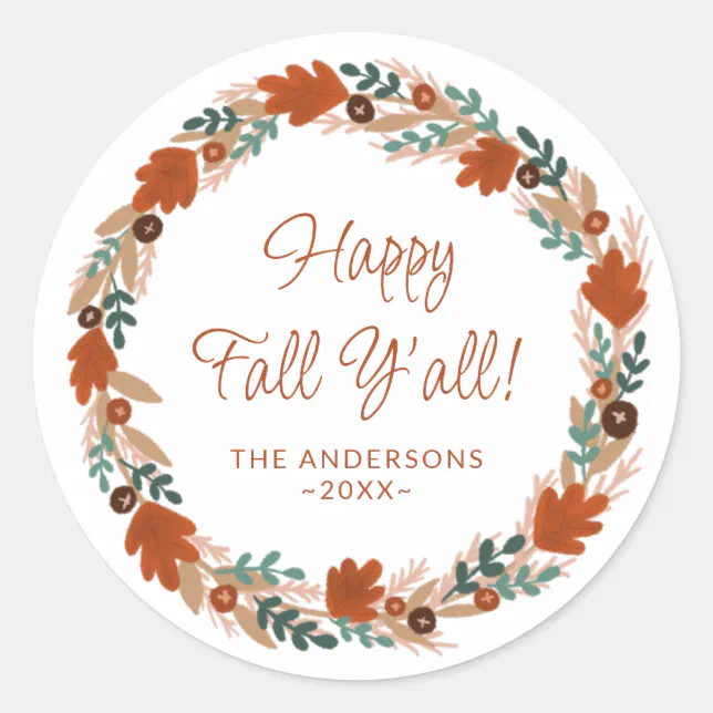 Thanksgiving Autumn Wreath Happy Fall Y’all Classic Round Sticker | Zazzle