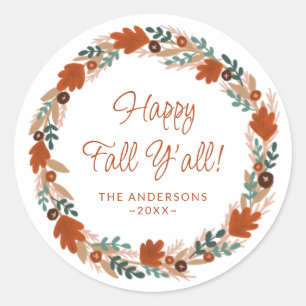 Thanksgiving Autumn Wreath Happy Fall Y’all Classic Round Sticker