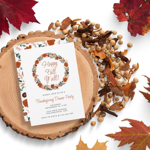 Thanksgiving Autumn Wreath Happy Fall Yall Dinner Invitation